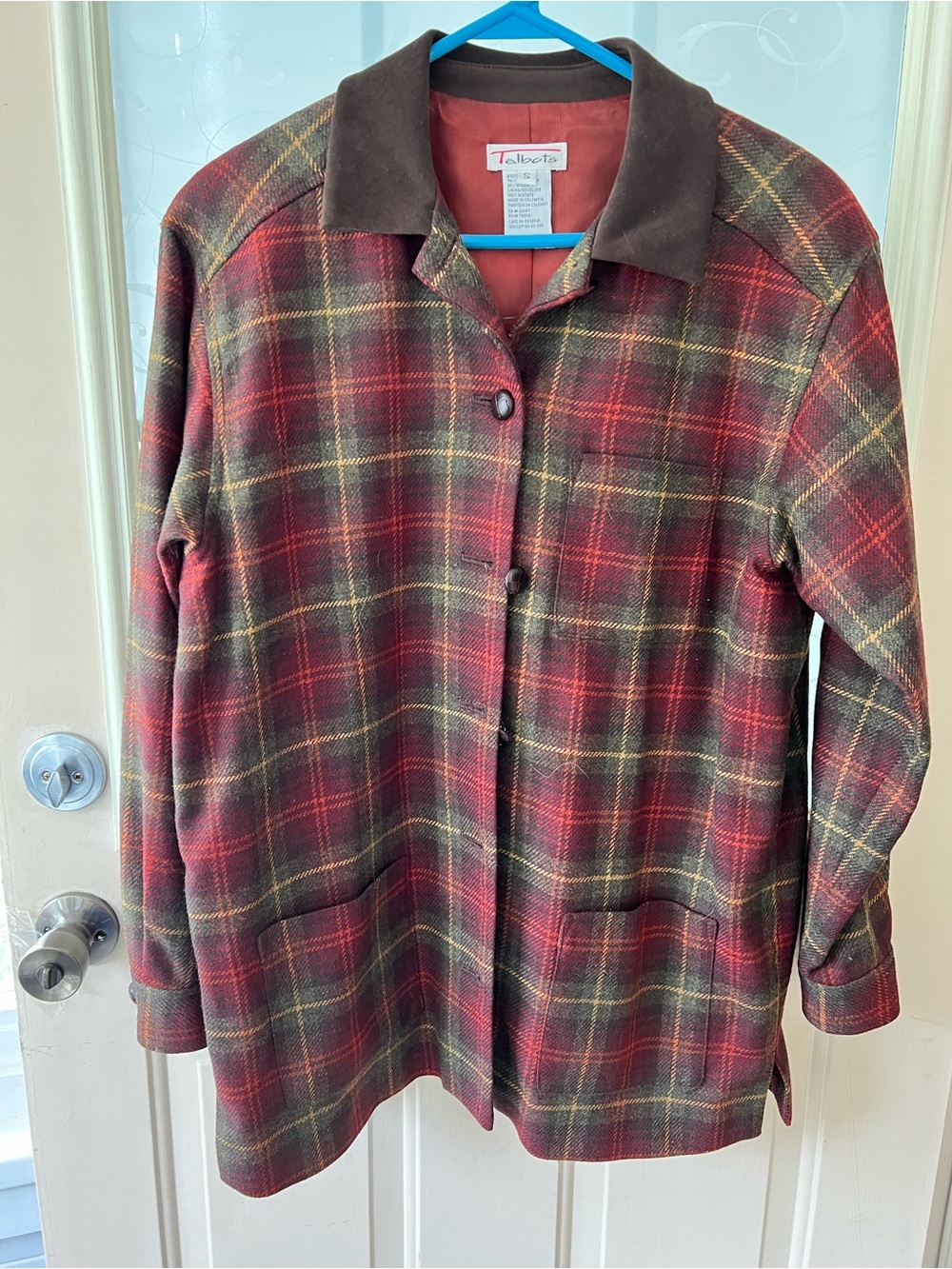 Vintage Talbots sz S tartan plaid shaket or barn coat deep rust red/ green. Wool